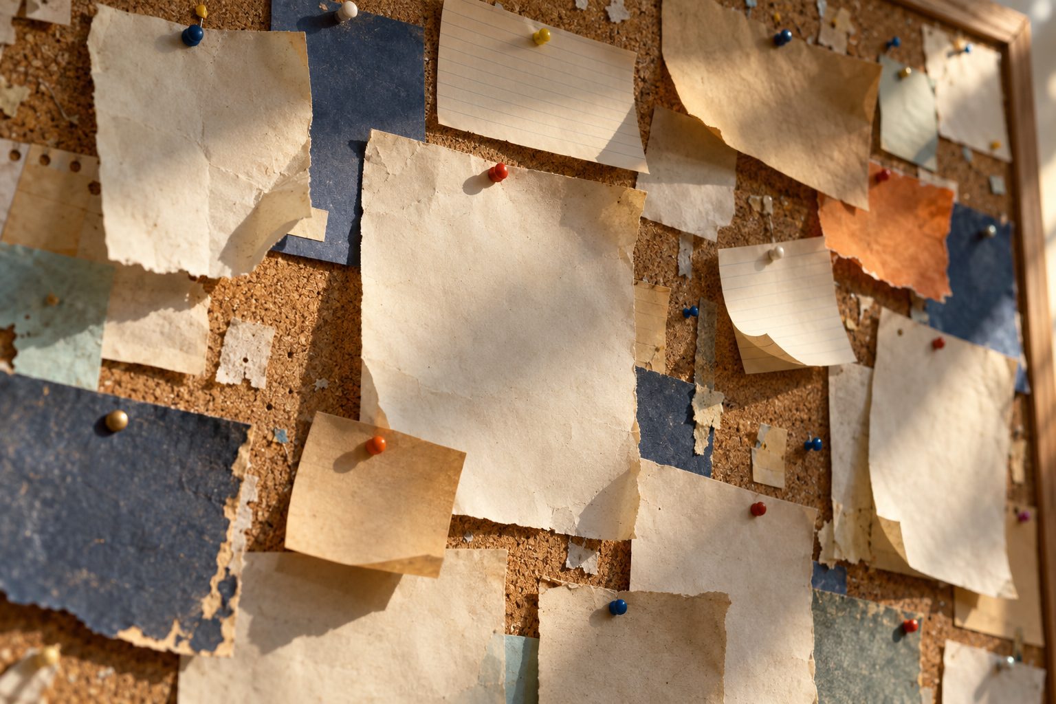 A crowded cork bulletin board covered in faded, overlapping blank flyers and pushpins
