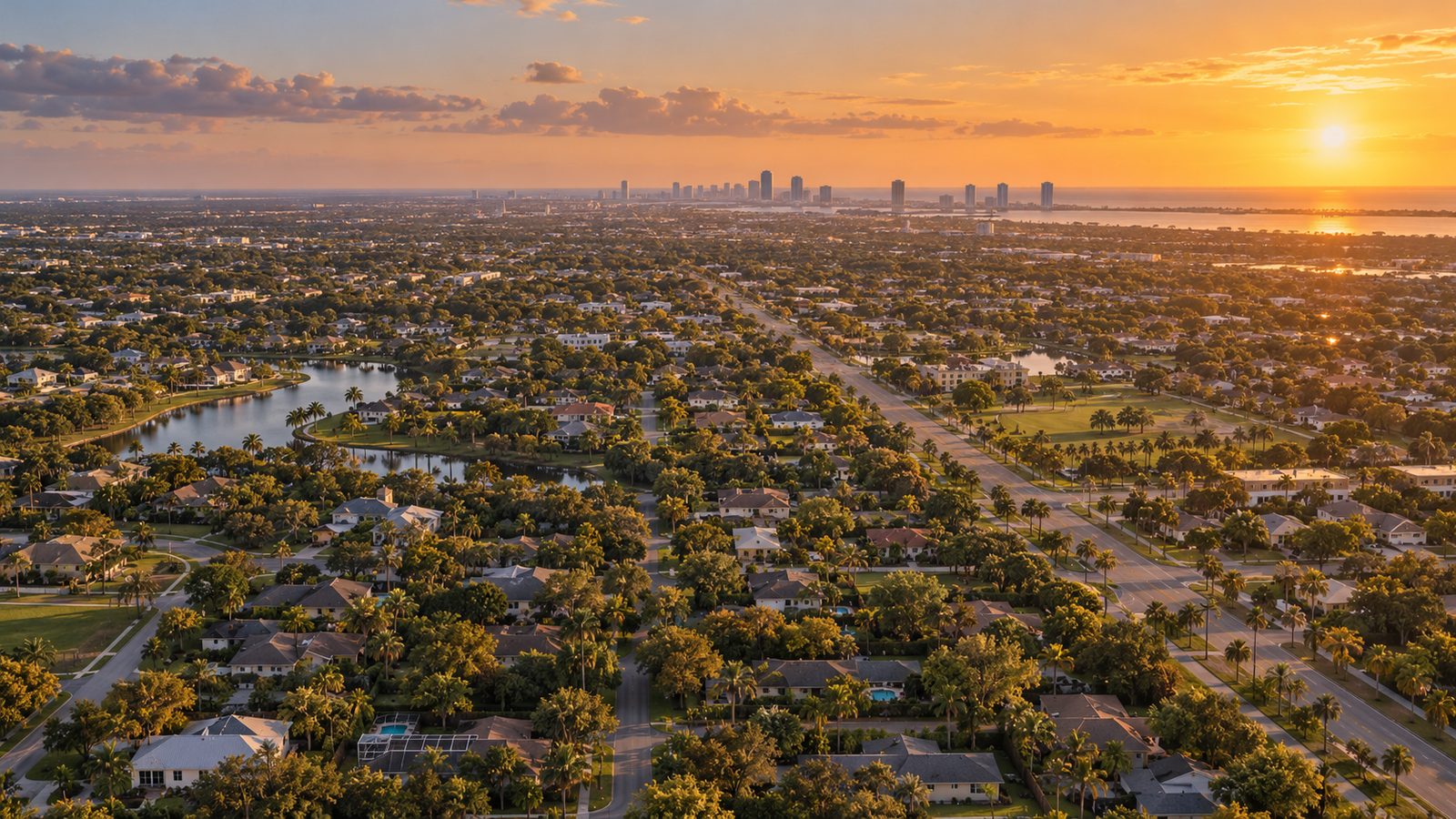 Aerial view at golden hour over tree-lined suburban streets with a skyline on the horizon