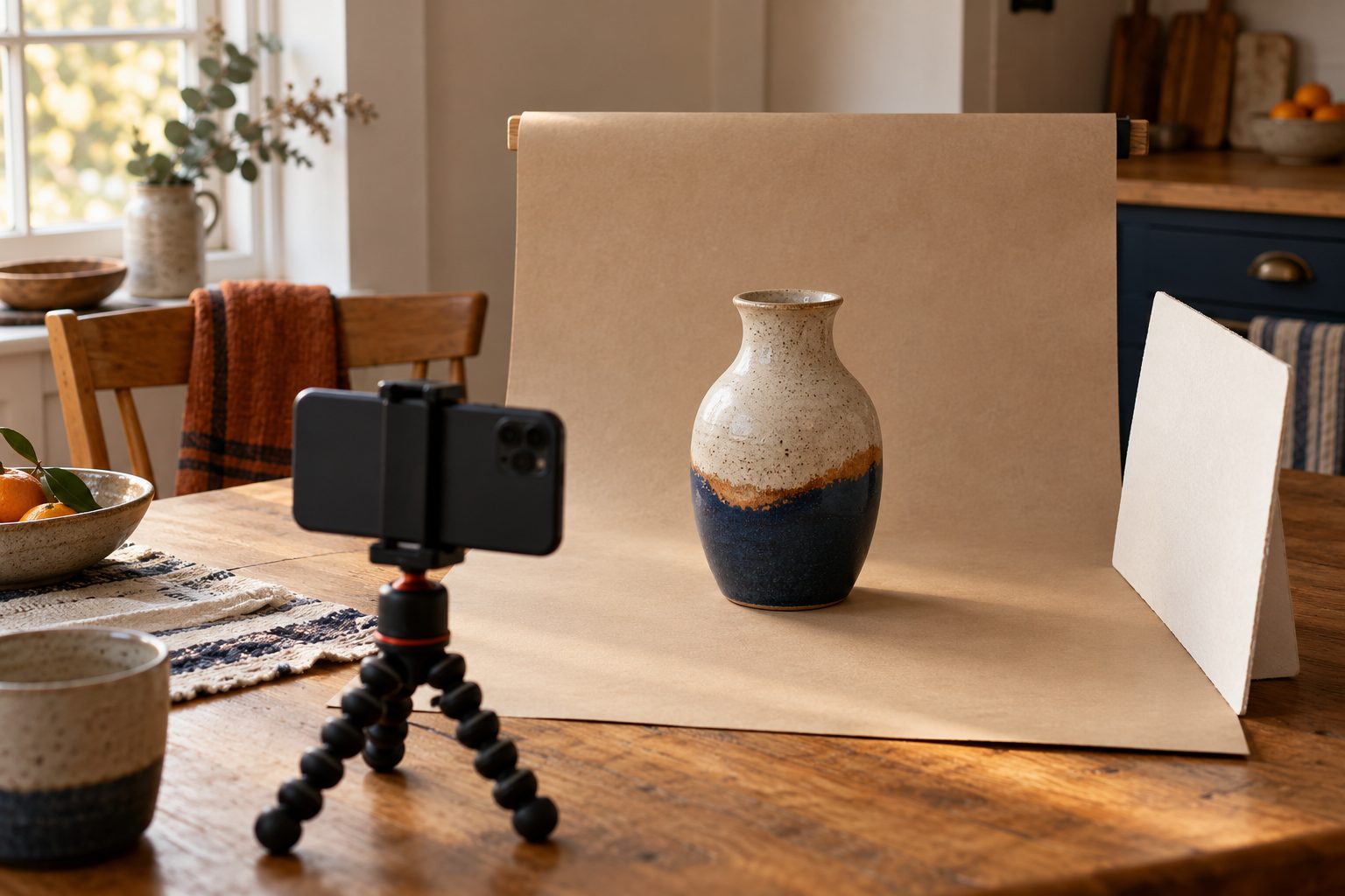 A simple home photo setup: a ceramic vase on a sand-colored paper backdrop, a phone on a small tripod and a white reflector card