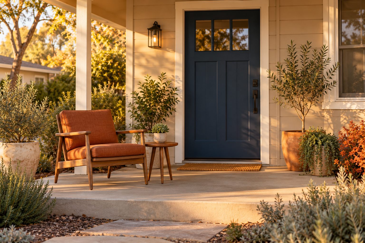 A quiet front porch in late-afternoon light with a wooden armchair and side table by a navy front door