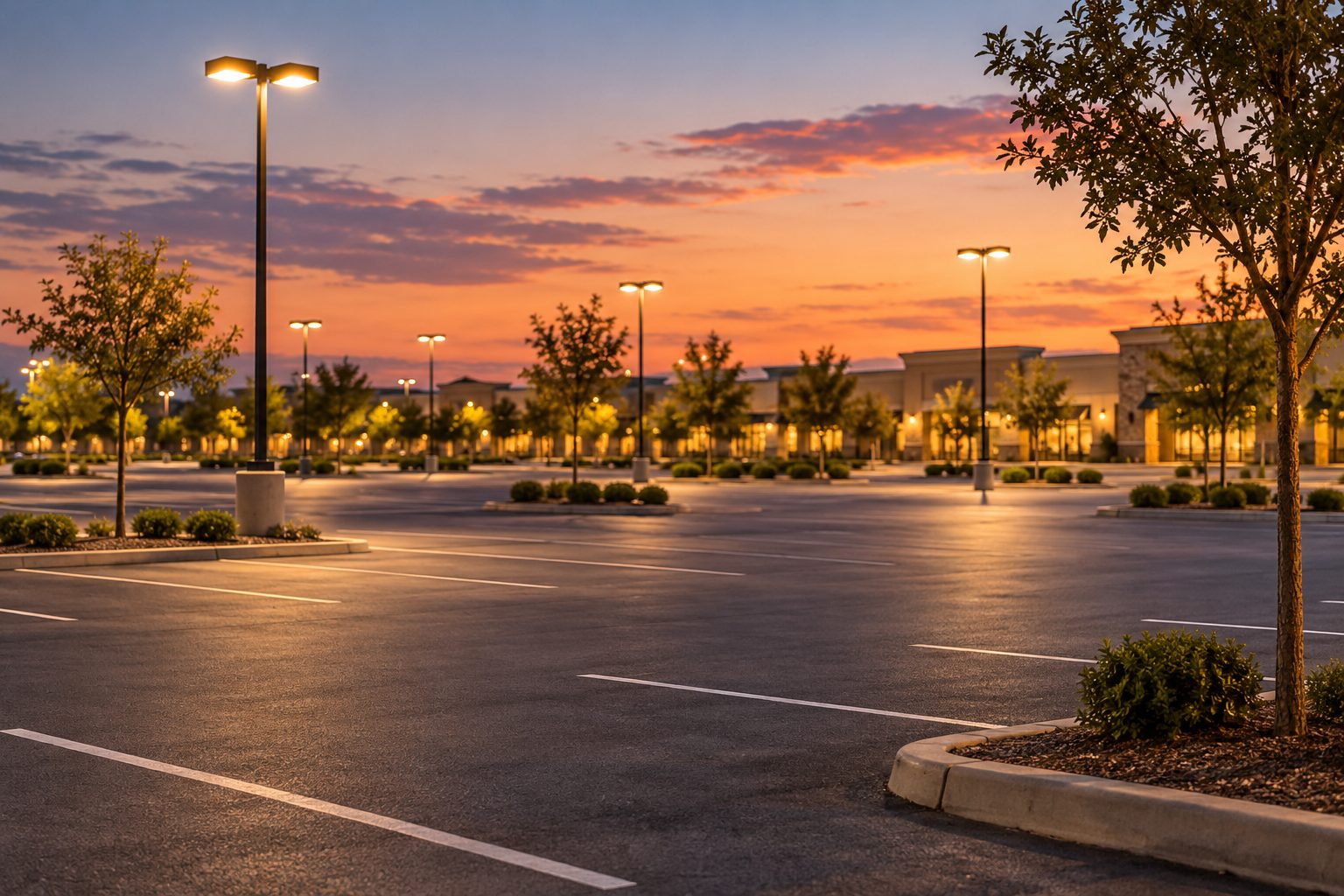 A calm, well-lit public parking lot at dusk with tall lamp posts and open sightlines